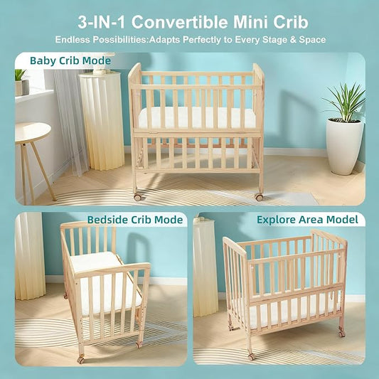 Flwrgirl Mini Baby Crib with Mattress,Portable Bedside Bassinet Sleeper,6 Adjustable Heights,Wood Nursery Crib with Locking Wheels,Compact Baby Bed for Newborns Infants,Unpainted