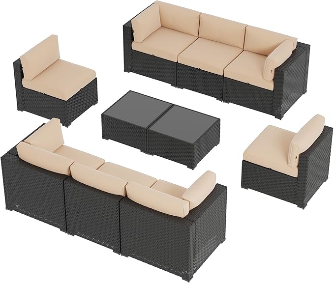 Aoxun 10 Piece Patio Furniture Set Wicker Rattan Patio Sectional Sofa Set Outdoor Seating Furniture with Thickened Cushion, Beige