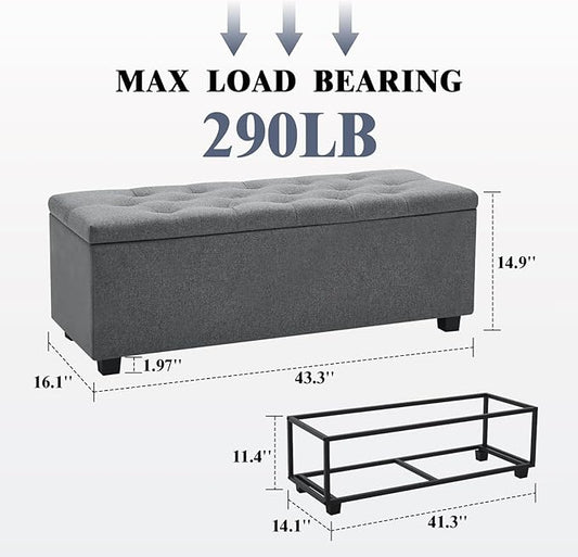 43" Ottoman with Storage and Sturdy Metal Frame, Tufted Upholstered Storage Bench, Modern Footboard Hideaway Chest with Removable Lid and Footrest for Living Room, Entryway (Dark Gray)
