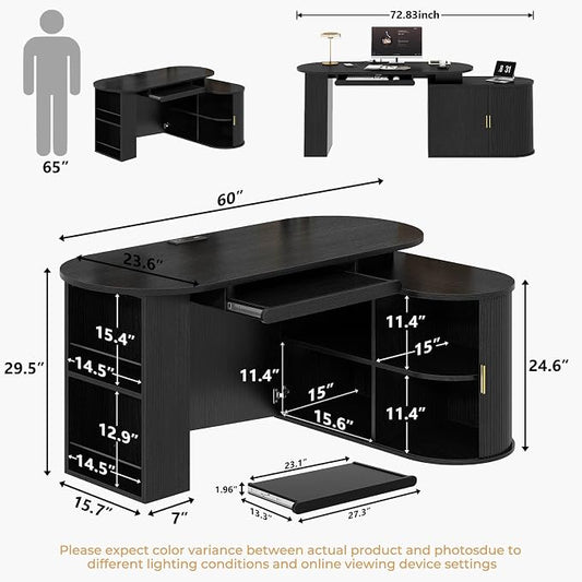 HSH Black L Shaped Office Desk with Storage Cabinet for Home Oak 60 Inch | Executive Woood Fluted Computer Desk with Keyboard Tray and Open Shelves Modern Reversible Mcm Large Swivel Table