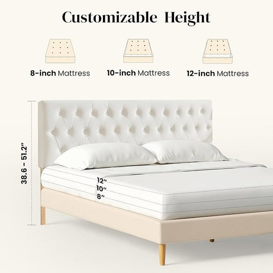 Tufted Upholstered King Size Bed Headboard in Modern Button Design, Adjustable Solid Wood Head Board, Premium Velvet Fabric Padded Headboards in Bedroom (White)
