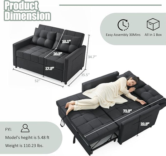 GOSUHI 52" Sleeper Sofa with Pull-Out Bed, 3-in-1 Convertible Sofa Bed, Set of Loveseat with Stepless Adjustable Backrest and Side Pocket, for Living Room Dorm Apartment, Linen, Black