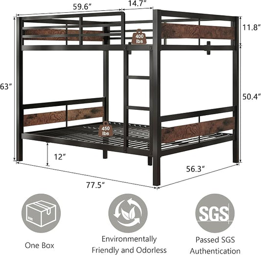 Bunk Bed Full Over Full, Heavy Duty Metal Bunkbeds with Full-Length Guardrail, Space-Saving Steel Bed for Kids & Adults, No Box Spring Required, Rustic Brown