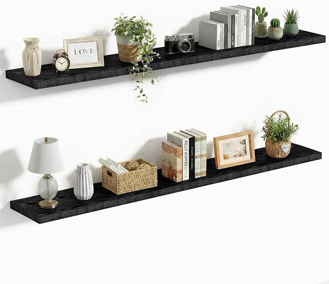 Vivelove 55 Inches Floating Shelves Wall Mounted, 10" Deep Wall Shelves for Bedroom, Bathroom, Living Room, Kitchen, Office, Home Decor, Modern Shelf, Set of 2, Black, 55x10.2x1.5