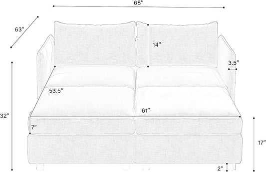 ERYE 68-Inch Loveseat Modular Sofa Deep Seat Storage Sectional Sofa Couch with Storage Ottomans,2 Seat Chenille Upholstered Love Seat Couch Convertible Lounge Sleeper Daybed for Living Room Bedroom