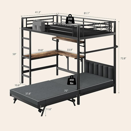 Jocoevol Twin Loft Bed with Mattress, Dual-Access Bed, Pull-Out Folding Bed & L-Shaped Desk, Heavy Duty Metal Bunk Bed Frame with Safety Guardrails, Charging Station & Adjustable Shelves (Dark Black)
