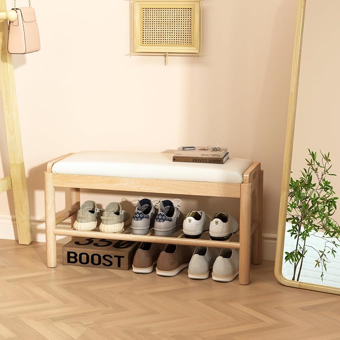 Entryway Shoe Storage Bench, 2-Tier Wood Shoe Rack with Cushion, Padded Seat Entryway Organizer with Shelf & Hidden Storage for Entry, Hallway, Living Room, Bedroom, Closet (Natural, 31.5")