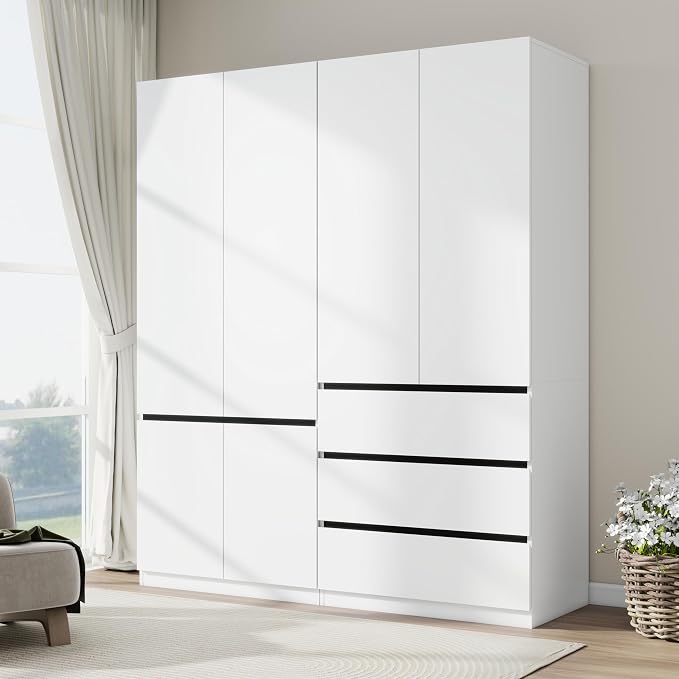 Armoire Wardrobe Closet with Drawers:75" Large White Wardrobe Closet Cabinet with 4 Doors for Hanging Clothes, Modern Wooden Bedroom Armoires with 3 Drawers and Storage (B+C, 63")