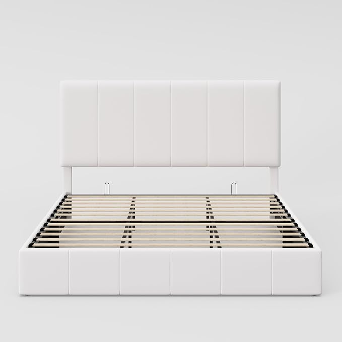 Allewie King Size Velvet Lift Up Storage Bed Frame, Vertical Channel Tufted Headboard, Hydrualic Underneath Storage, Upholstered Platform Bed, Wooden Slats Support, No Box Spring Needed, White