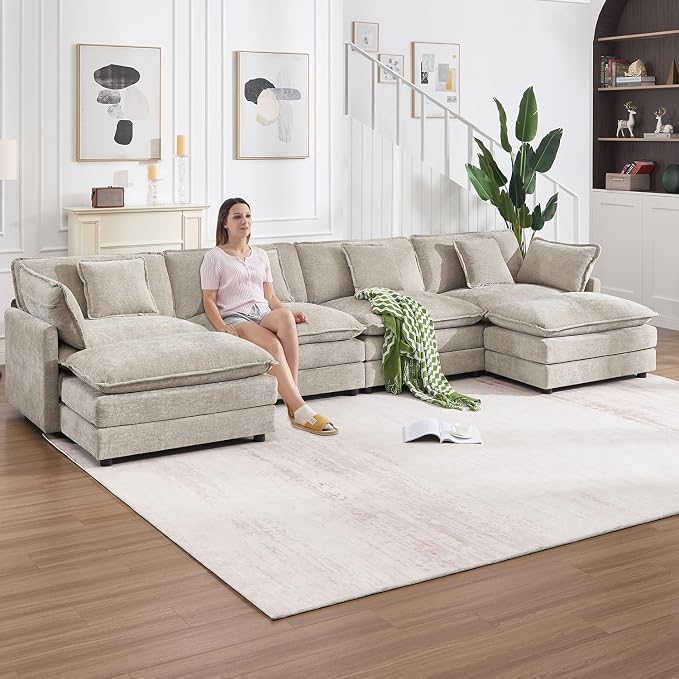 147" Modular Sectional Sofa, Oversized U Shaped Sectionals Cloud Couch, Big Comfy Couch with 2 Ottomans, 6 Seater Chenille Sectional Sofa with Deep Seat and 6 Pillows for Living Room- Camel