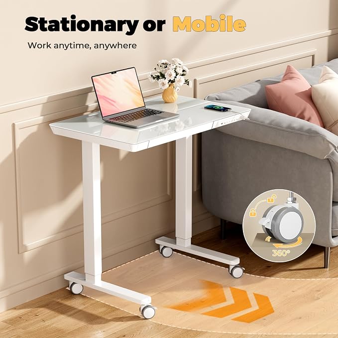 Glass Electric Standing Desk with Drawer, 31.5" x 20" Whole Piece Small Sit Stand Table, Height Adjustable Desk with Storage & USB Ports, Quick Install Home Office Computer Desk, White