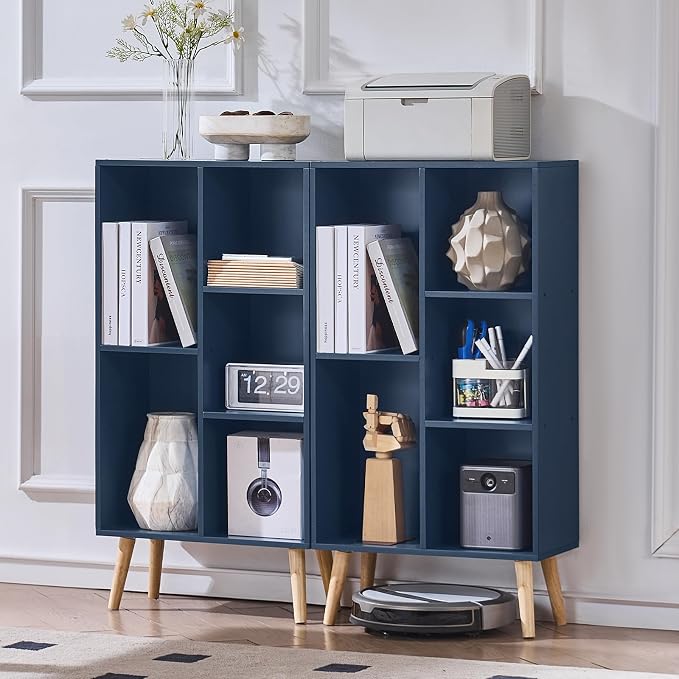 LEYAOYAO 5 Cube Bookshelf 3-Tier Bookcase with Legs,Mint Dark Blue Kids Book Shelf Cute Storage Organizer,Free Standing Open Toy Shelves Wood Bookshelves,Display Bookcases for Bedroom,Living Room