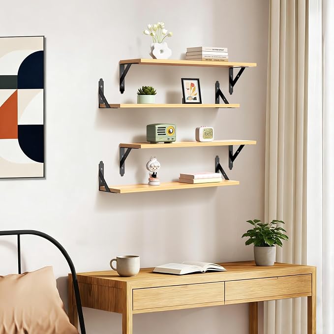 ROMGUAR CRAFT Wood Floating Shelves Set of 4, Rustic Storage Decor Wall Shelves, Wall Mounted Shelf for Living Room, Bedroom 23.6" x 6", Natural