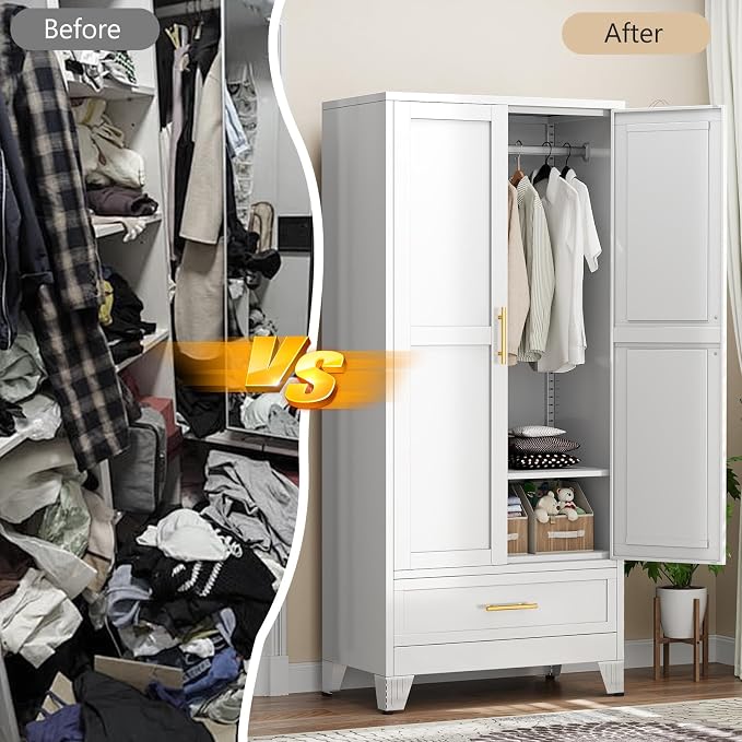 Metal Armoire Wardrobe Closet with Drawers,Storage Cabinet with Hanging Rod,71'' Metal Wardrobe Cabinet with 2 Doors and Adjustable Shelves for Bedroom, Laundry Room, Cloak Room