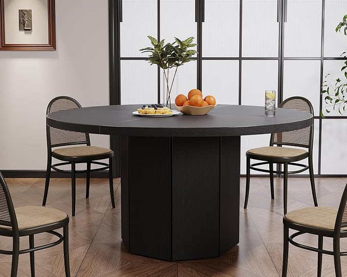 HSH Black Round Dining Table, 47” Modern Dinner Table only for 4-6 People, Modern Circle Kitchen Table for Home Living Room, Wood and Metal Dining Room Desk with Octagon Base, Black Oak, 47 Inch