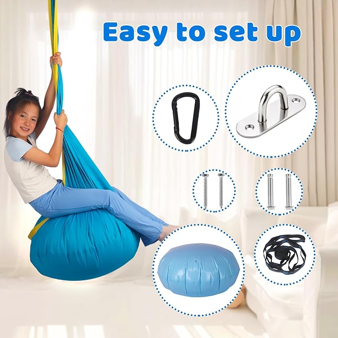 HiCamer Sensory Swing for Kids Indoor and Outdoor Pod Hammock Chair Seat Upgrade Max 300 lbs Hanging Swing with Inflatable Cushion Includes Hardware Hanger Kit for Aspergers Autism ADHD (Teal)