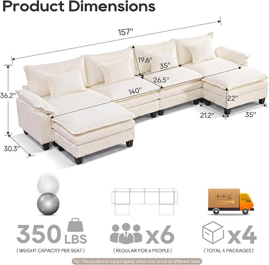 URRED Oversized Modular Sectional Sofa, 157" U Shaped Modern Comfy Cloud Couch with Movable Ottoman & Pillows, Deep Seat Couches for Living Room, Bedroom or Apartment (Chenille Beige, 157" U Shaped)