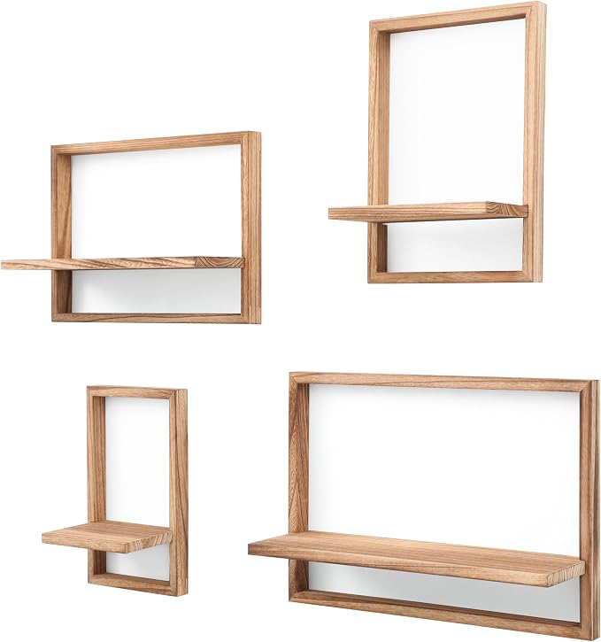 PHOENANCEE Square Floating Shelves,Framed Wall Shelf Decorative Set of 4,Modern Plants Hanging Display Art Decor Storage for Livingroom Bedroom Bathroom Farmhouse,Home Light Wood,Carbonized Black