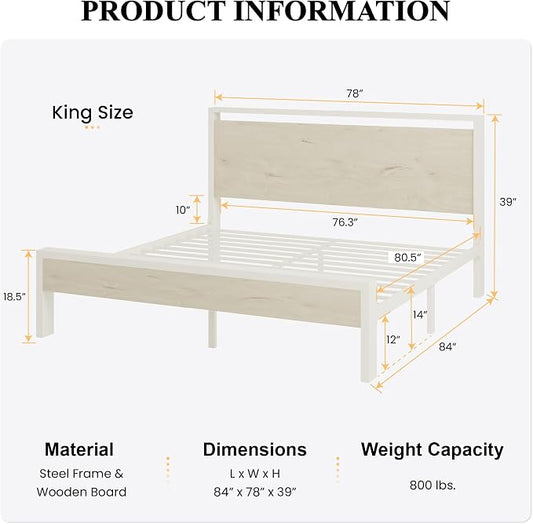 SHA CERLIN 14 Inch King Metal Platform Bed Frame with Wooden Headboard and Footboard, No Box Spring Needed, Large Under Bed Storage, Heavy Duty Slats Support, White Washed Oak
