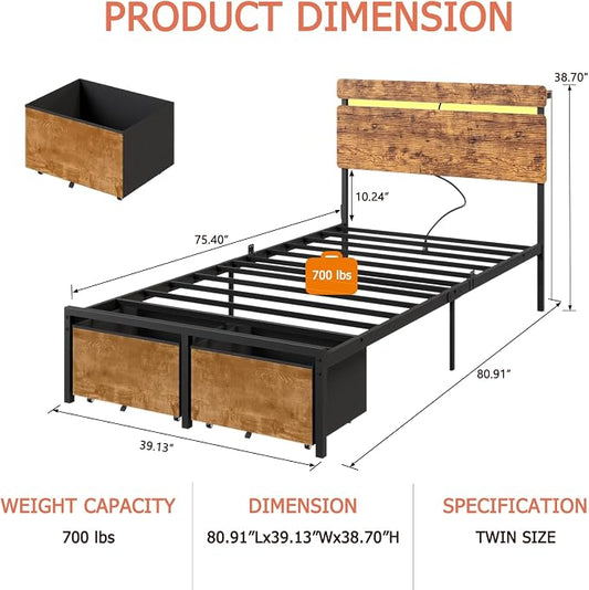 Forestell Twin Bed Frame with Wood Headboard,2 Storage Drawers & Shelf | Built-in Charging Station & LED Lights, Metal Support, No Box Spring Needed, noise-free, easy assembly, Smart RGB, USB+Type-C
