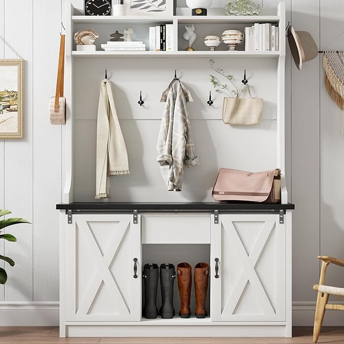 4ever2buy Farmhouse Hall Tree with Bench 5-in-1 Entryway Bench with Coat Rack with Sliding Barn Doors Entryway Coat Rack with Shoe Storage