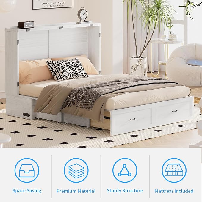 PUREMIND Queen Murphy Bed Cabinet with Mattress Included, Bedroom Cabinet Beds with USB Charging Station, Murphy Chest Bed with Storage Drawers, Horizontal Wallbed for Guest Room White