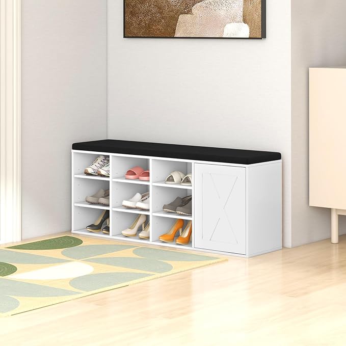 Tangkula Shoe Storage Bench with Padded Cushion, 3-Tier Entryway Bench with 9 Compartments, Adjustable Shelves, Closet, 9-Cube Shoe Organizer for Entryway, Hallway, Bedroom (White)