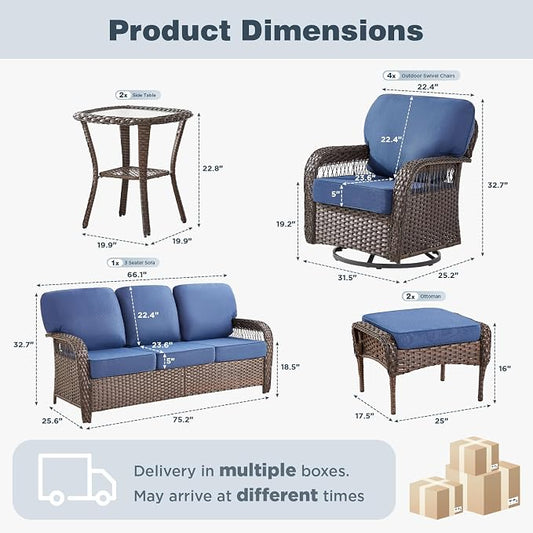 Belord Patio Wicker Swivel Rocker Patio Chairs with 3-Seater Sofa, Outdoor Rattan Chairs for Deck Porch Poolside, 9 Piece Patio Conversation Furniture Set,Blue