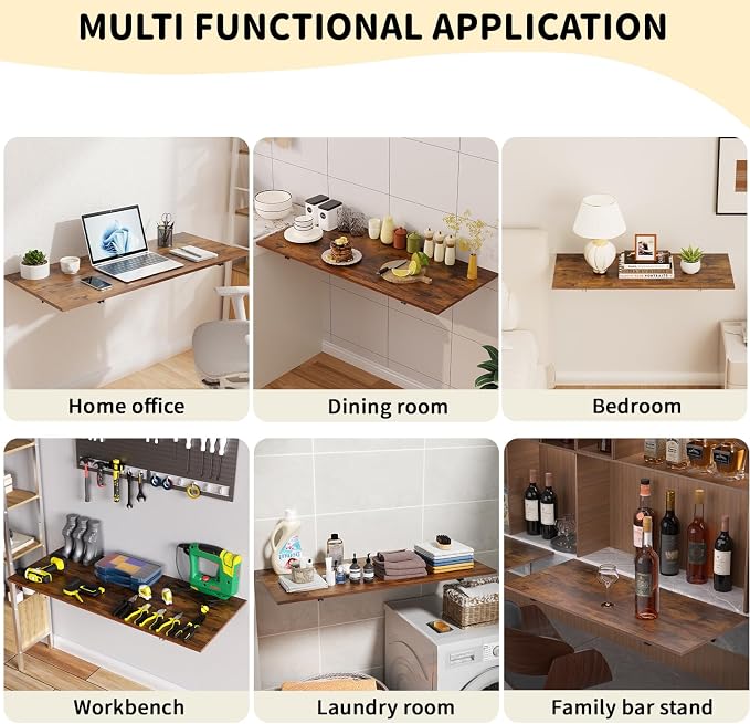 GOYLSER Wall Mounted Folding Table for Office, Rustic Brown Fold Down Desk Laundry Folding Table Wall Mounted for Laundry Room/Home Kitchen, Length 47" Width 20.5"