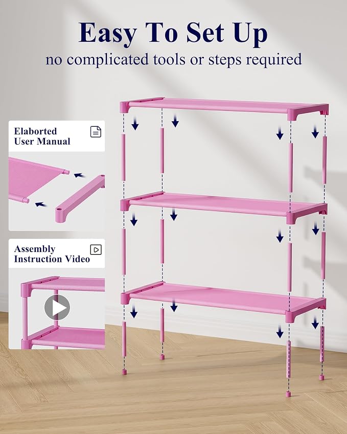 Kitsure Shoe Rack - Non-Woven Shoe Rack Shelf, Shoe Organizer for Closet, Entryway, Garage & Corridor, Stackable Shoe Shelves, 27.5" Wide - 3 Tier, Pink