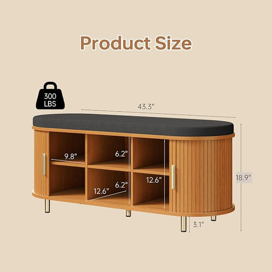 DHH 2-Tier Storage Bench,Wide Shoe Bench with Thickened Padded Seat Cushion, Mid Century Modern Fluted Sliding Door and Adjustable Shelf, for Entryway, Living Room, Bedroom (Yellow Walnut, 43.3“)