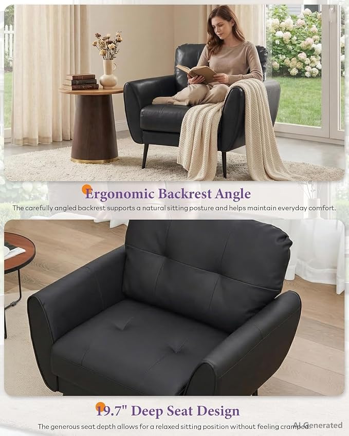 TYBOATLE Accent Chair Comfy Modern Living Room Chair Black Leather Reading Accent Chairs Tufted Mid Century Moden Arm Chair Small Salon Chair for Office Bedroom (1, Black)