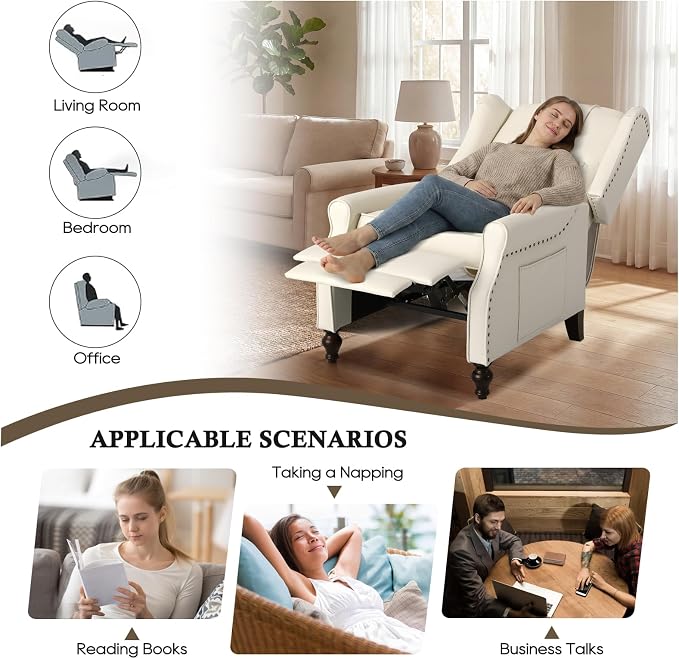 Wingback Recliner Chair with Massage & Heat, Cat-Proof Push Back Arm Chair, Recliner Chair for Living Room Bedroom Home Theater (2, Beige)