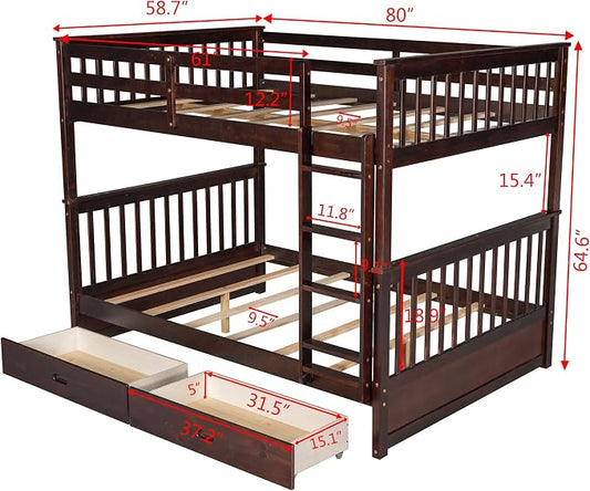 Merax Full-Over-Full Bunk Bed with Two Storage Drawers, Solid Wood Full Size Bunk Bed with Guardrail and Removable Ladder, Can be Converted Into 2 Separate Beds, Espresso