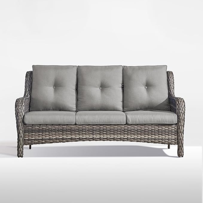 Outdoor Couch All Weather PE Wicker Patio Sofa Outdoor Sofa Deep Seating for Porch Deck Backyard-Grey/Grey