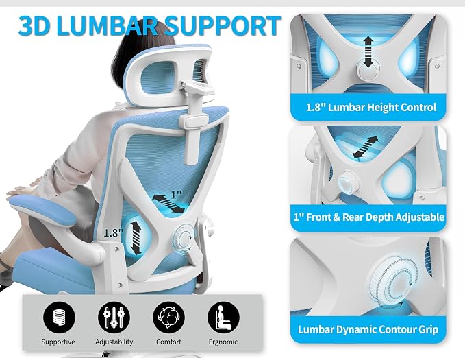 Ergonomic Office Chair - Mesh Desk Chair with Adjustable Lumbar Support High Back Computer Gaming Chairs - Big and Tall Office Chairs Adults, Comfortable for Long Hours, Sky Blue