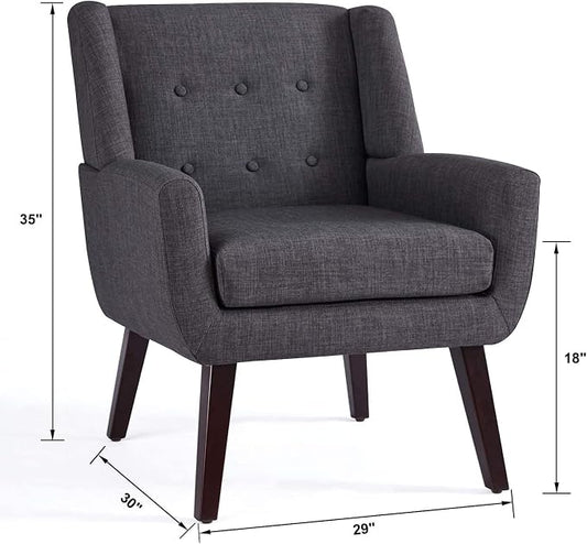 HUIMO Accent Chairs Set of 4, Upholstered Button Tufted Armchair, Linen Fabric Sofa Chairs for Bedroom, Living Room, Mid Century Modern Comfy Reading Chair (4 PCS, Grey)