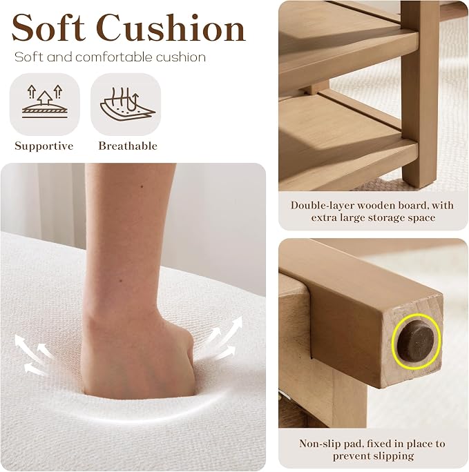 Zihanhome 2 Tier Shoe Rack Bench with Cushion, Solid Wood Shoe Benches, Mid-Century Modern Shoe Storage Bench for Entryway, Hallway, Living Room, Closet, Front Door Entrance, (Beige, 31.5")