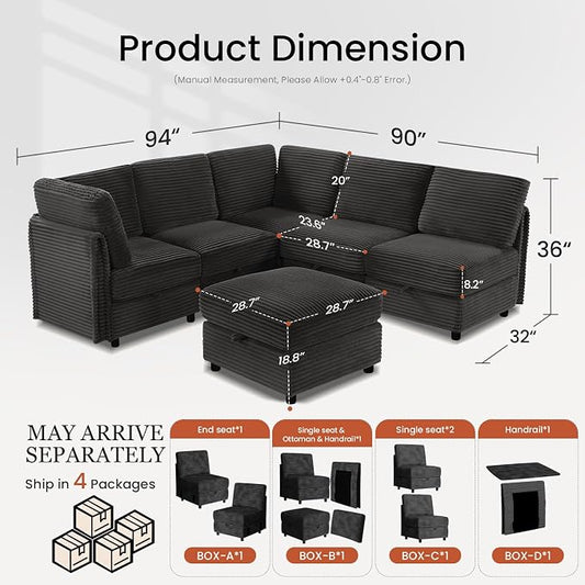 KKL Modular Sectional Sofa V-Shaped 6 Seater Couch with Storage Ottoman, Convertible L/J-Shaped Couch and Sofa Bed Plush Wide-Wale Corduroy for Living Room, Apartment, Modern Design, Black