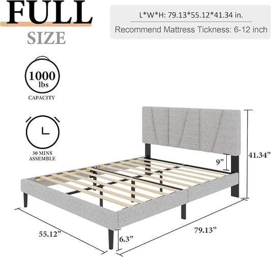 Sismplly Full Size Platform Bed Frame with Upholstered Headboard, Wooden Slats Support, Noise Free, No Box Spring Needed, Easy Assembly, Light Grey, Linen