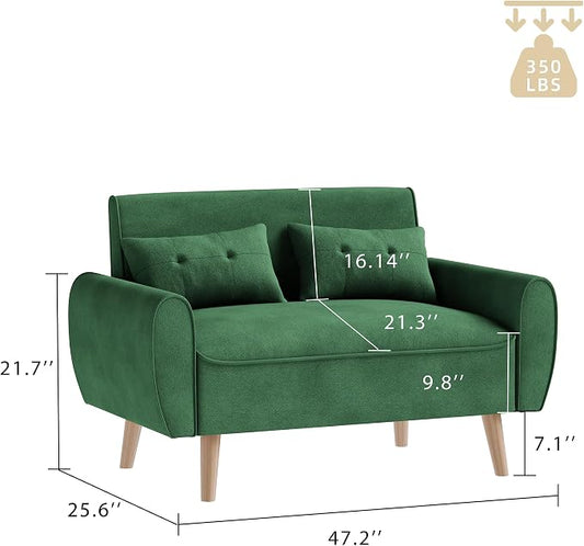JAMFLY 47'' Small Loveseat Sofa, 2 Seat Compact Couch with Tapered Legs, Green Upholstered Furniture, Solid Wood Frame, Comfy Foam Cushion, Easy Assembly for Small Spaces
