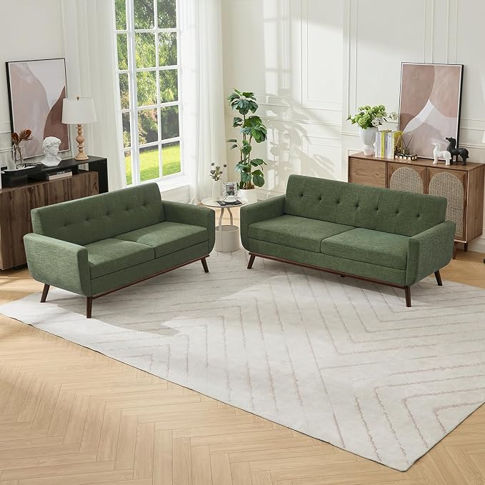 Kingfun Living Room Furniture Sets, Loveseat & Standard, Mid Century Modern Decor Sofa Couches, Button Tufted Upholstered Furniture, Green | linen fabric