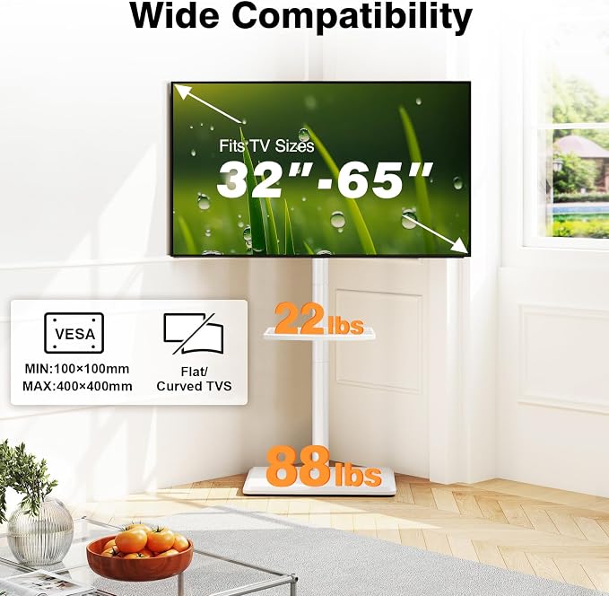 TVON Floor TV Stand with Mount for Most 32-65 Inch Flat/Curved TVs up to 88 lbs, Height Adjustable TV Mount Stand with Wood Base, Swivel TV Stand for Bedroom, Corner & Living Room, Max VESA 400x400mm