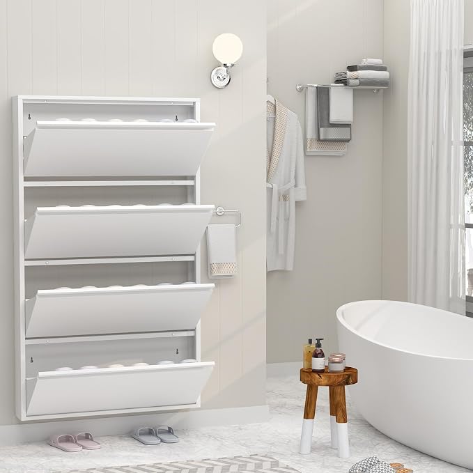 GREATMEET Shoe Rack for Closet, 6 Inch Slim Wall Mounted Shoe Cabinet, Narrow White Hidden Metal Shoe Storage with 4 Flip Drawers, Tall 57 Inch Steel Organizer Rack for Entryway Hallway Small Spaces