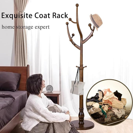 Wooden Coat Rack Freestanding, Hall Tree Hanger With Resin Hooks, Adjustable Heavy Duty Coat Rack for Hanging Clothes Bags Hats in Living Room Bedroom (coat rack, Tree Hook)