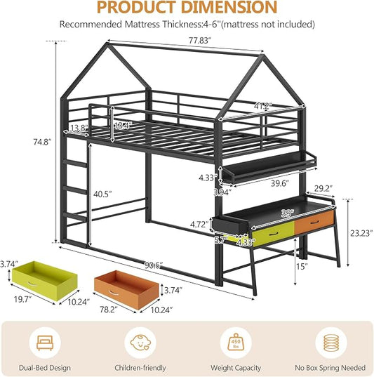 DICTAC Twin Over Twin Low Bunk Bed with Desk and Drawers, Black | Metal House Shaped Low Bunk Bed, 2 Storage Drawers, Bookshelf and Side Pocket, Floor Bunk Bed with 13.4''H Safety Guardrail