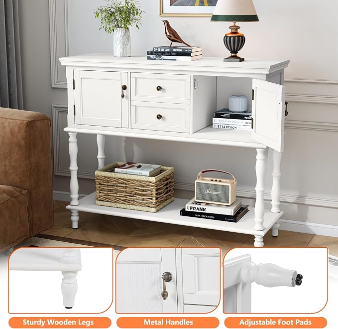 ARTPOWER Console Table with 2 Drawers, Retro Entryway Table with 2 Door Cabinets and Open Storage Shelf, Narrow Long Behind Couch Sofa Table for Living Room, Foyer, Hallway, White