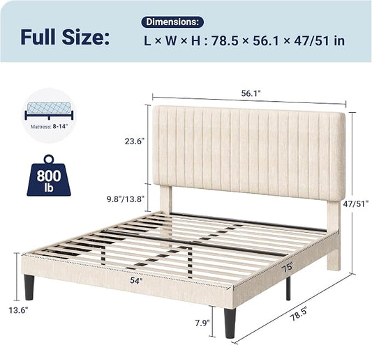 Allewie Full Bed Frame, Upholstered Platform Bed with Adjustable Vertical Channel Tufted Headboard, Mattress Foundation with Strong Wooden Slats, Box Spring Optional, Easy Assembly, Chenille White
