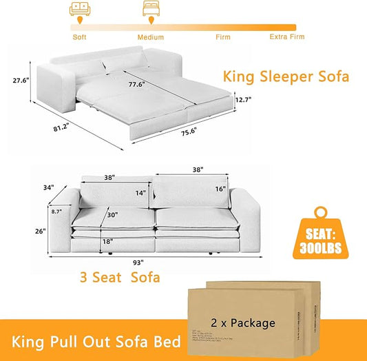 93" King Pull Out Sofa Bed, Boucle Sleeper Sofa Couch, Modern Wide Armrest, 3 in 1 Convertible Futon Couches for Living Room, Small Space, Apartment, Bedroom, Office, Beige