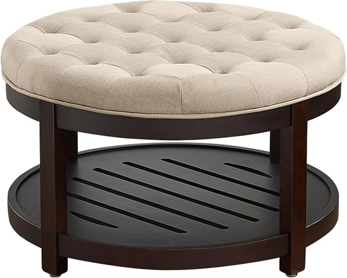 adochr Round Coffee Tables for Living Room,33’’ Storage Ottoman with Wooden Tray, Upholstered Ottoman Footrest, Light Brown